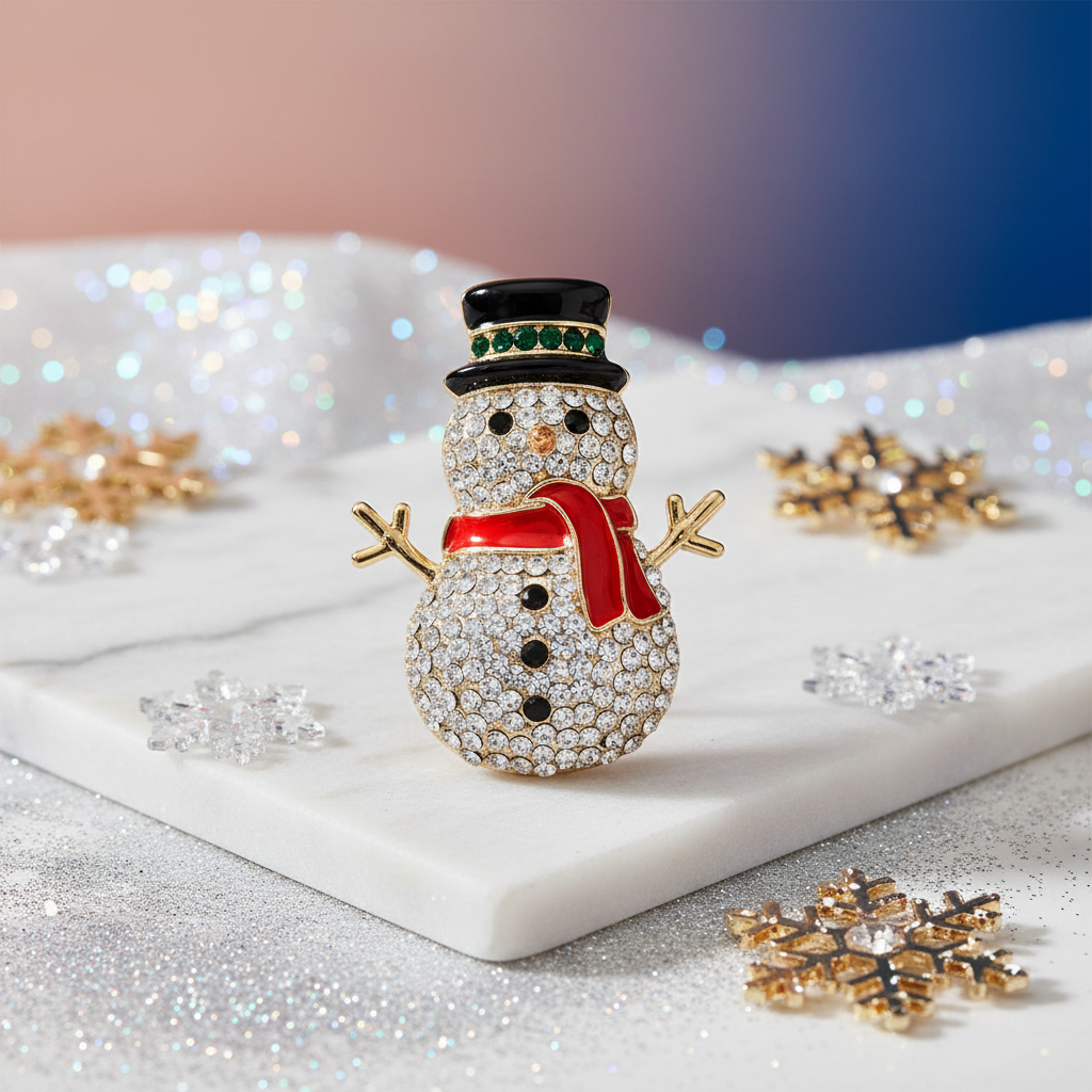 Rhinestone snowman brooch pin with black top hat and red scarf featuring sparkling pavé crystal details on premium background
