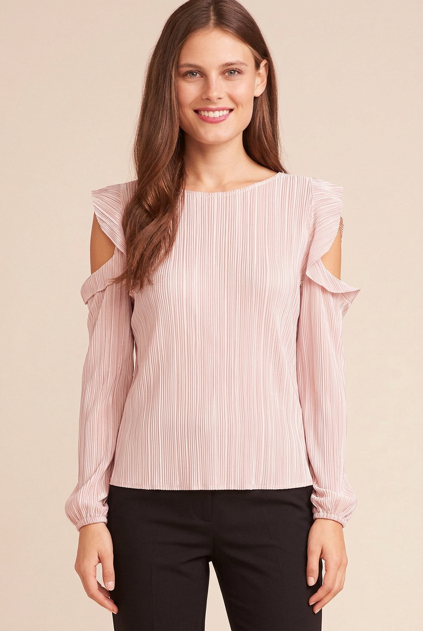 Pink ruffle cold-shoulder long sleeve blouse with fine pleated texture and gathered cuffs, front studio view styled with black trousers for dinner outfits.