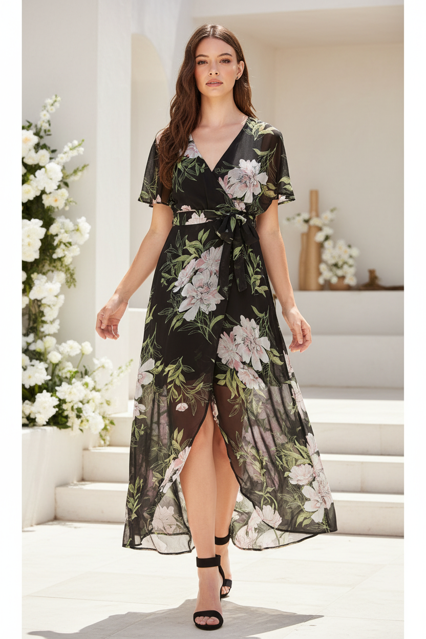 Black floral chiffon maxi dress Instagram reel cover bright outdoor Mediterranean courtyard flutter sleeves hi-low hem summer dress