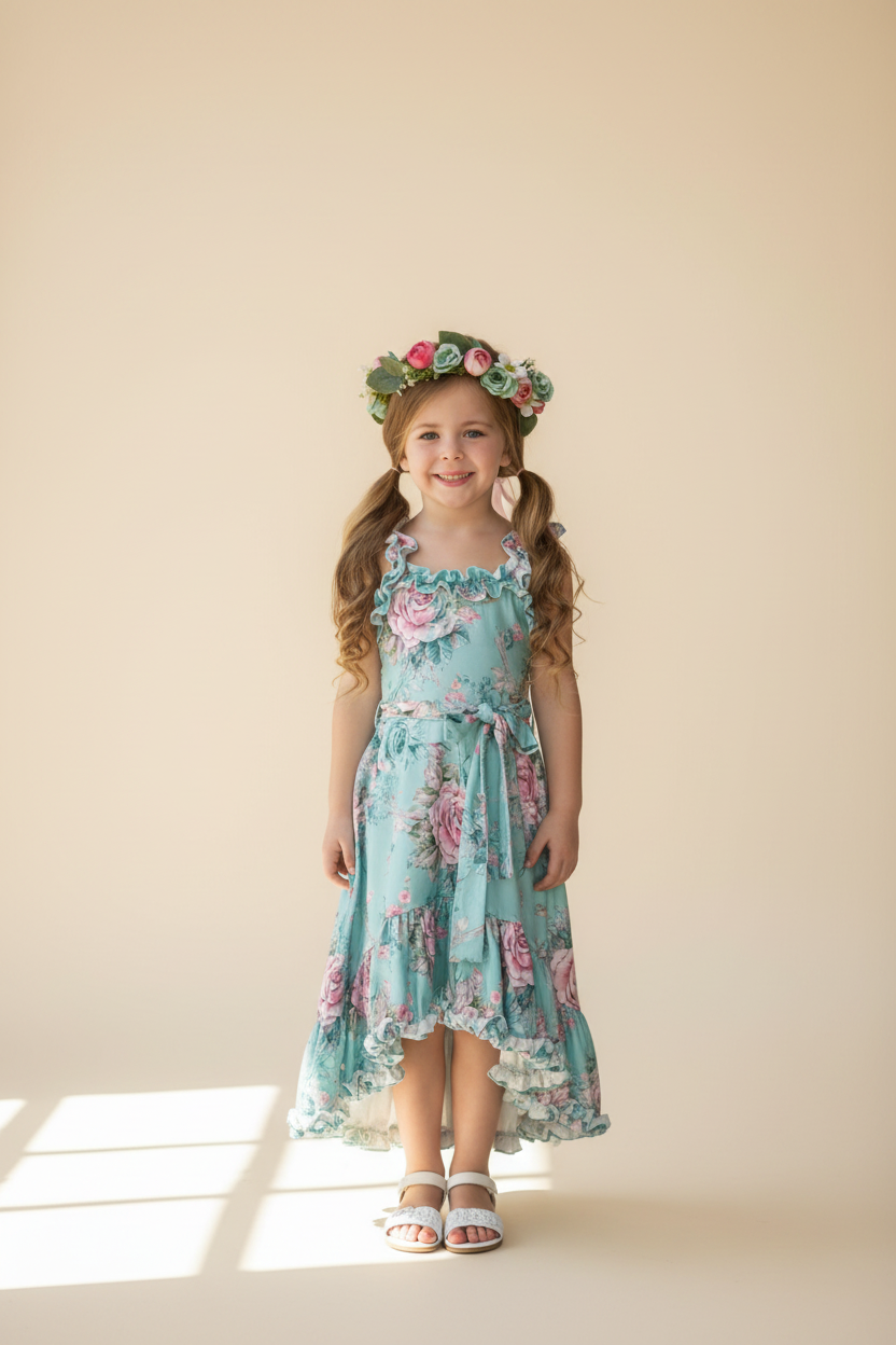 Girl in aqua mint floral rose ruffle strap hi-lo dress hero front view, girls boutique party dress with lace trim tiered hem