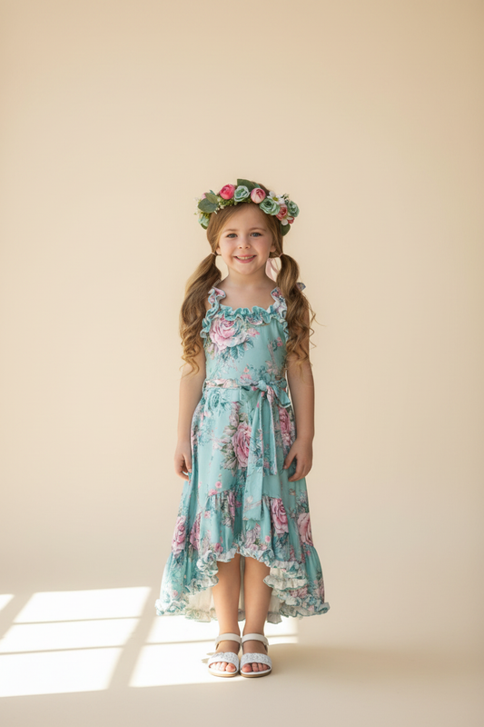 Girl in aqua mint floral rose ruffle strap hi-lo dress hero front view, girls boutique party dress with lace trim tiered hem