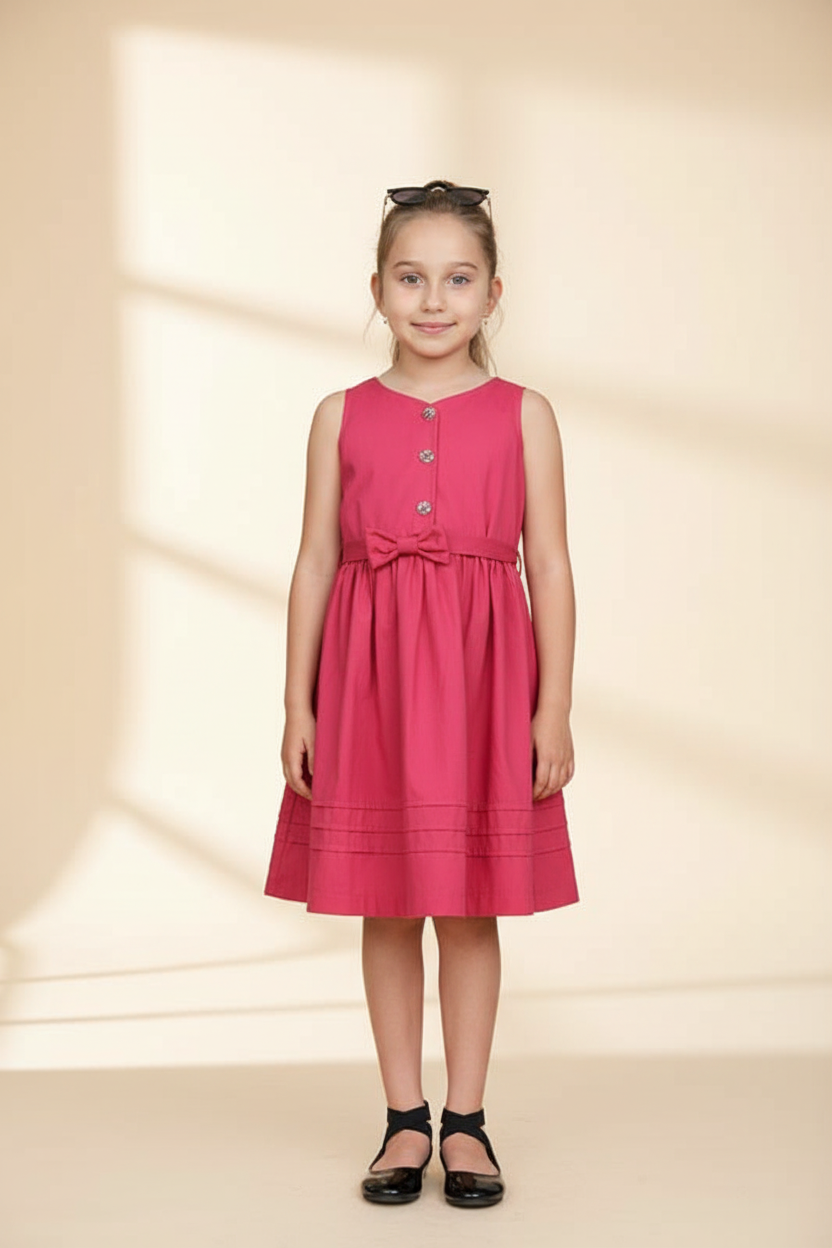 Girls faded cardinal red button-front dress with bow waist and pintuck hem, front hero view, sizes 2T-7/8