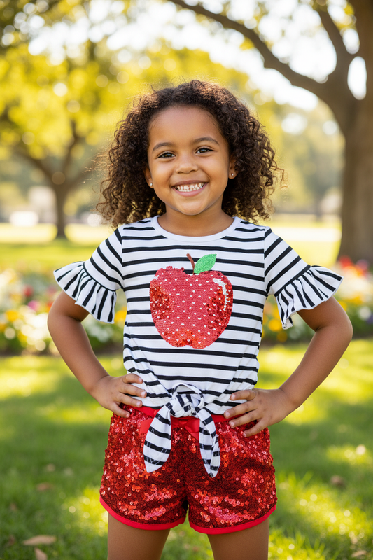 Girls apple sequin short set outfit on 6-year-old girl outdoors – striped ruffle sleeve top red sequin shorts kids fashion