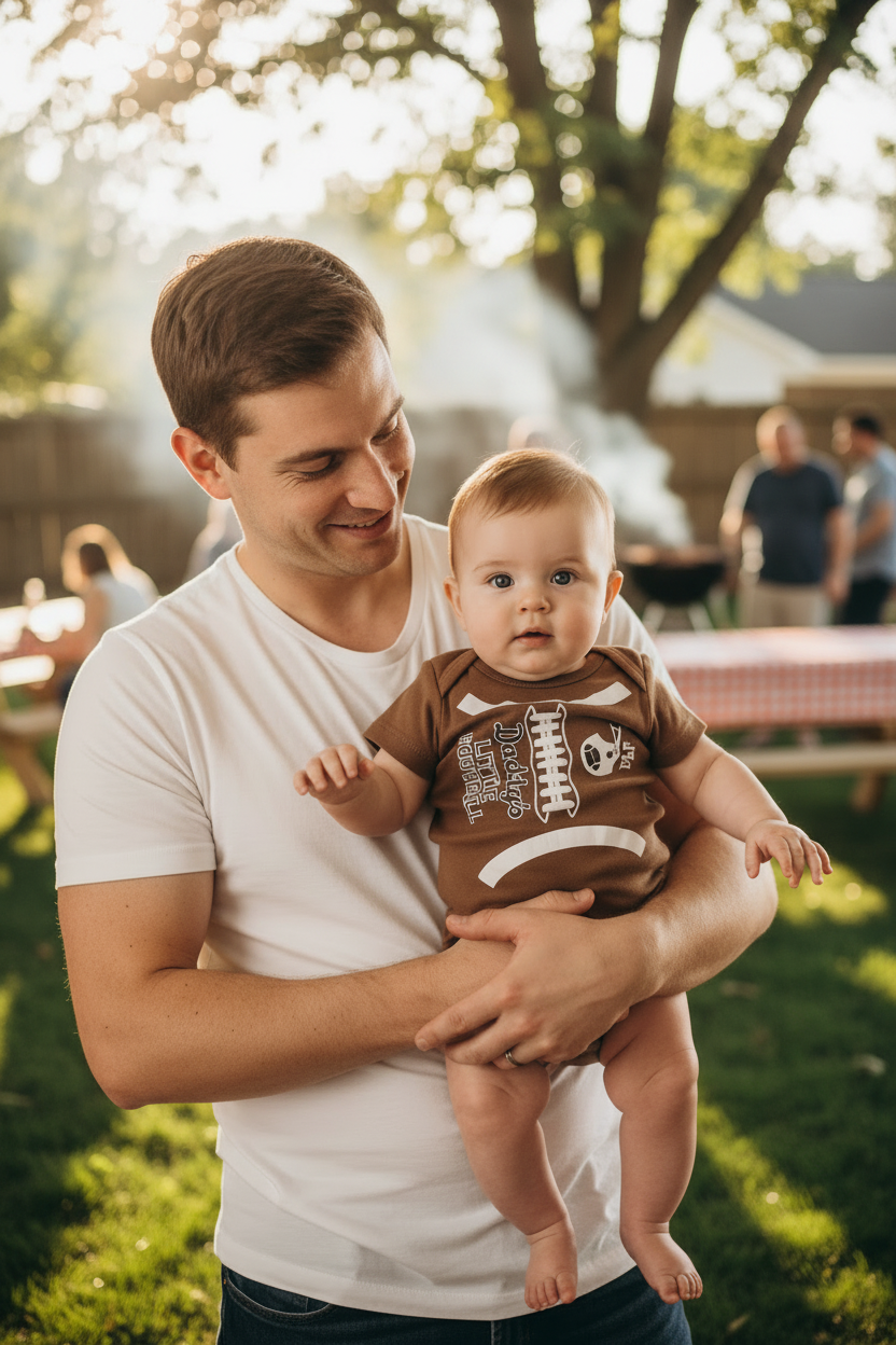 Dad and baby at summer backyard BBQ, baby wearing Daddy's Little Football brown onesie, Father's Day baby gift idea