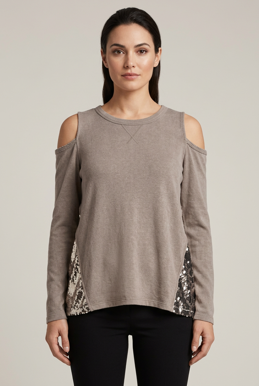 Taupe cold shoulder sweatshirt with metallic sequin side panels, front view styled with black trousers