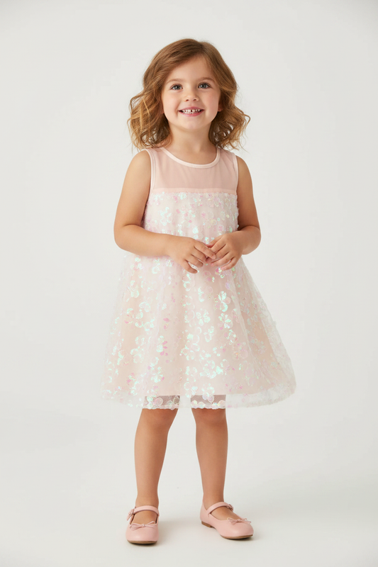 Girl wearing blush pink iridescent sequin floral dress on white background – girls sleeveless A-line sparkle party dress sizes 4-6