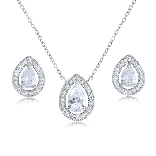 Cubic Zirconia Teardrop Halo Necklace Set