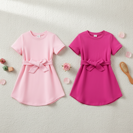 Girls' pink bow tie dresses in light pink and hot pink displayed together - coordinating sister outfits with matching fabric belts