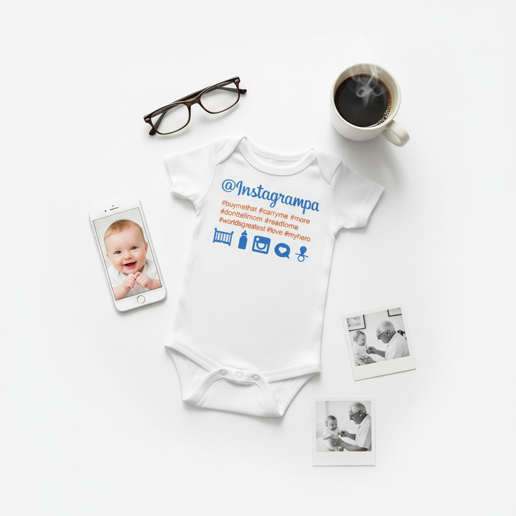 Flat lay of white Instagrampa onesie styled with smartphone, glasses, and modern props on white background
