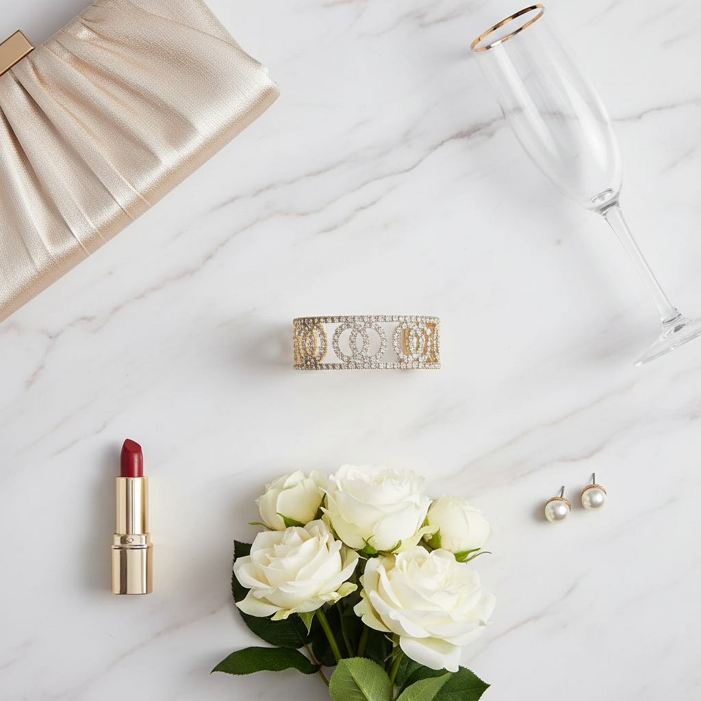 Rhinestone interlocking circle cuff bracelet styled on marble with champagne flute, white roses, evening clutch, and pearl earrings for glamorous occasion aesthetic