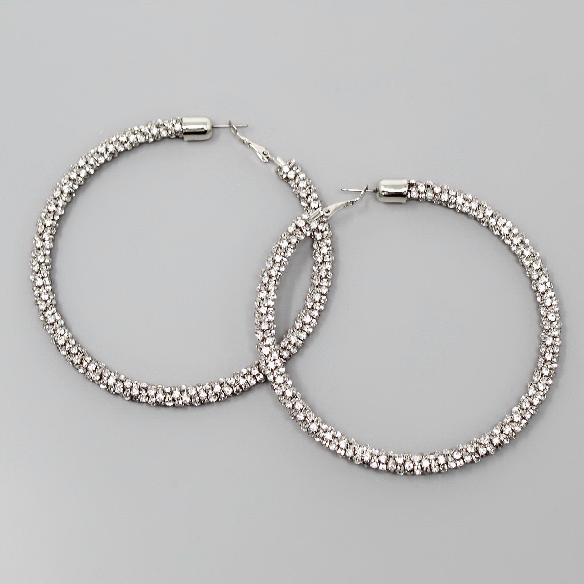 Rhinestone Chain Wrapped Hoop Earrings (80mm) - Silver