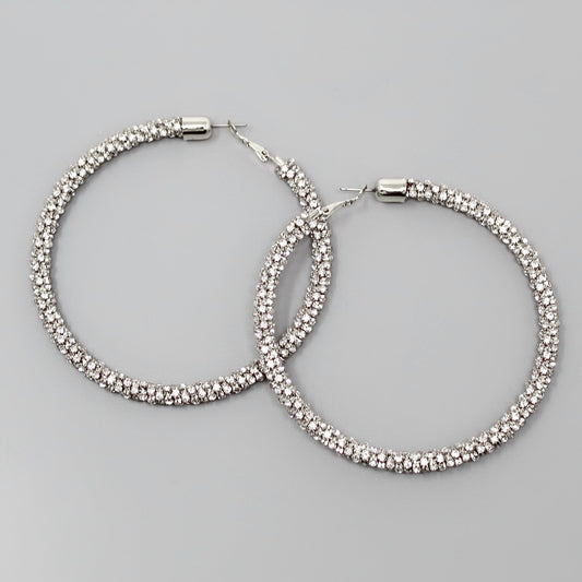 Rhinestone Chain Wrapped Hoop Earrings (80mm) - Silver