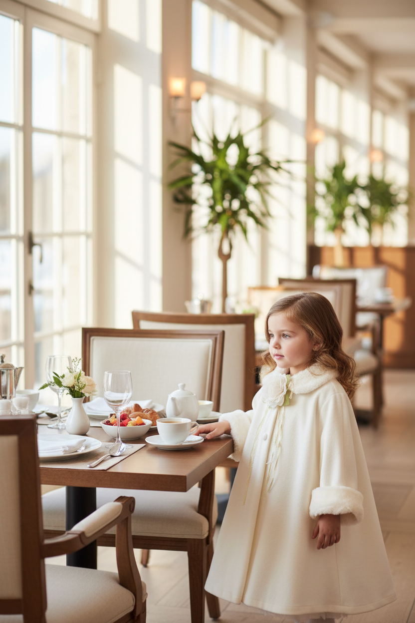 Young girl wearing ivory faux fur cape coat at upscale brunch restaurant with bright natural daylight, sophisticated winter morning atmosphere