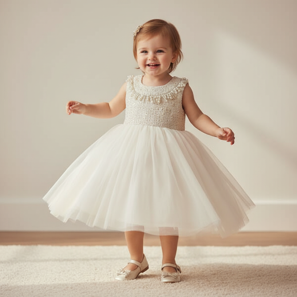 Toddler girl wearing ivory empire waist dress with tweed bodice, pearl trim, and flowing tulle skirt