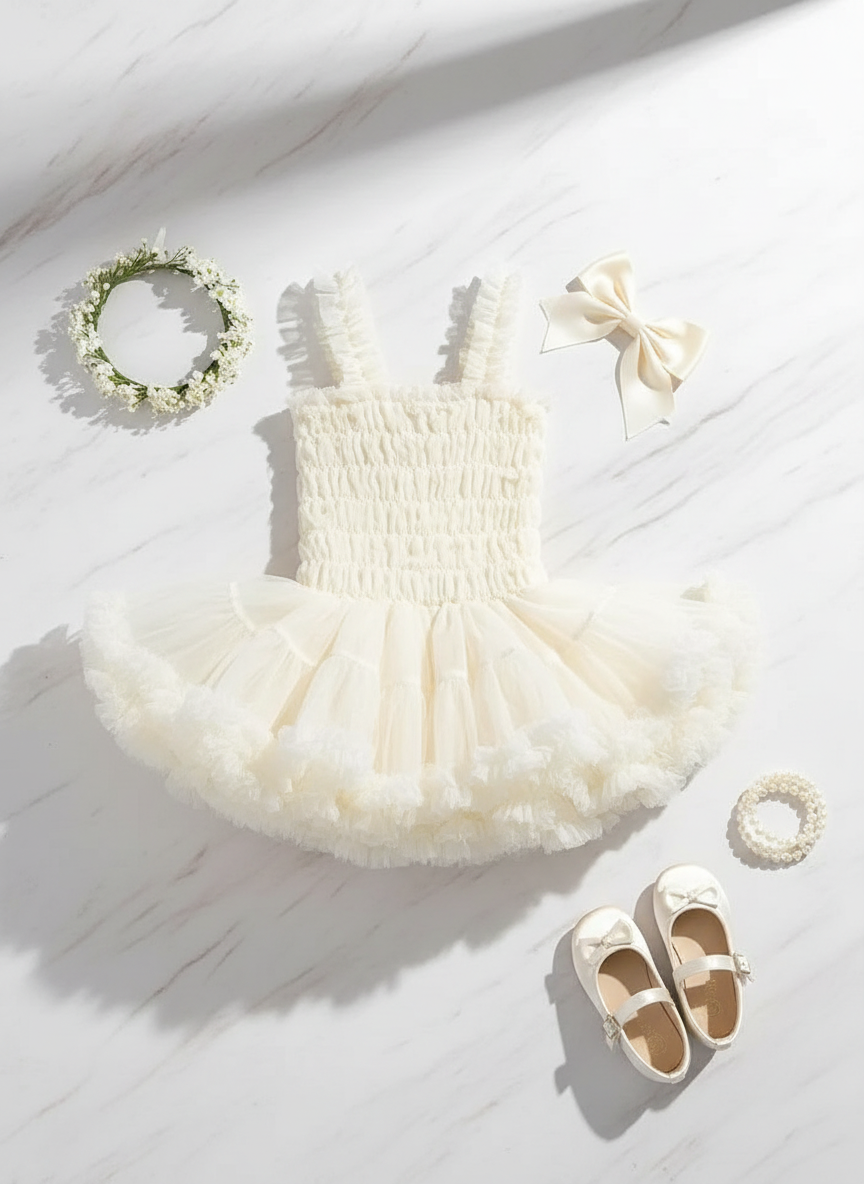 Ivory girls tutu dress with shoulder straps flat lay with flower crown and ballet flats on marble surface



