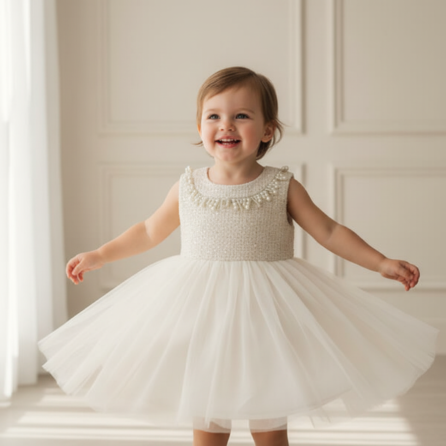 Toddler girl wearing ivory tweed and tulle dress with pearl trim and gold sequin accents in elegant lifestyle setting