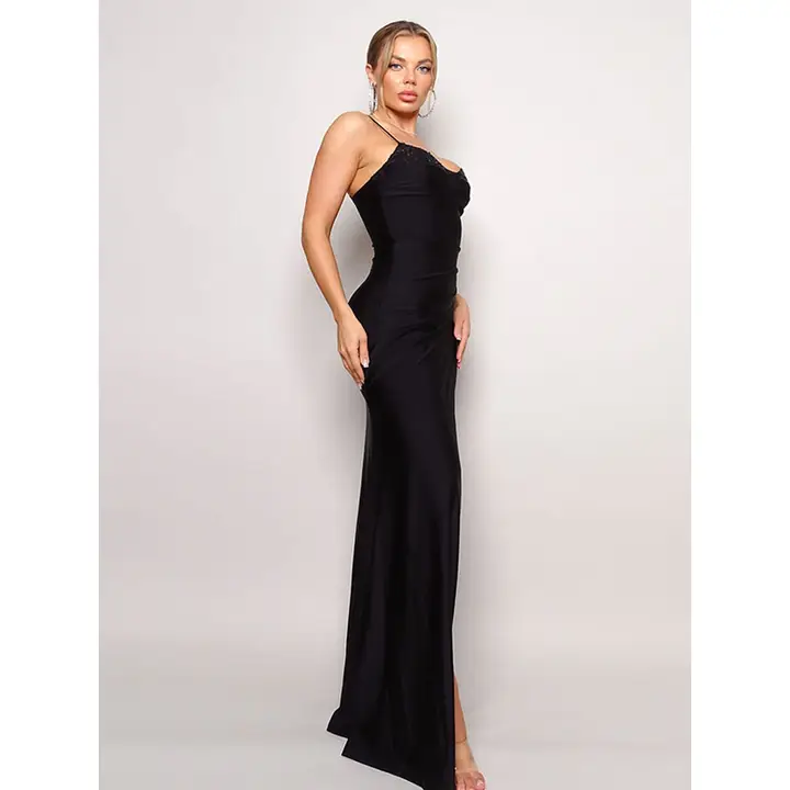 Black Sequin Corset Maxi Dress with Spaghetti Straps