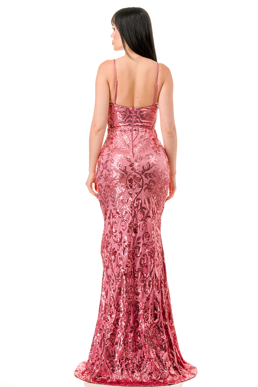 Mauve V-Neck Padded Bustier Sequin Mermaid Gown