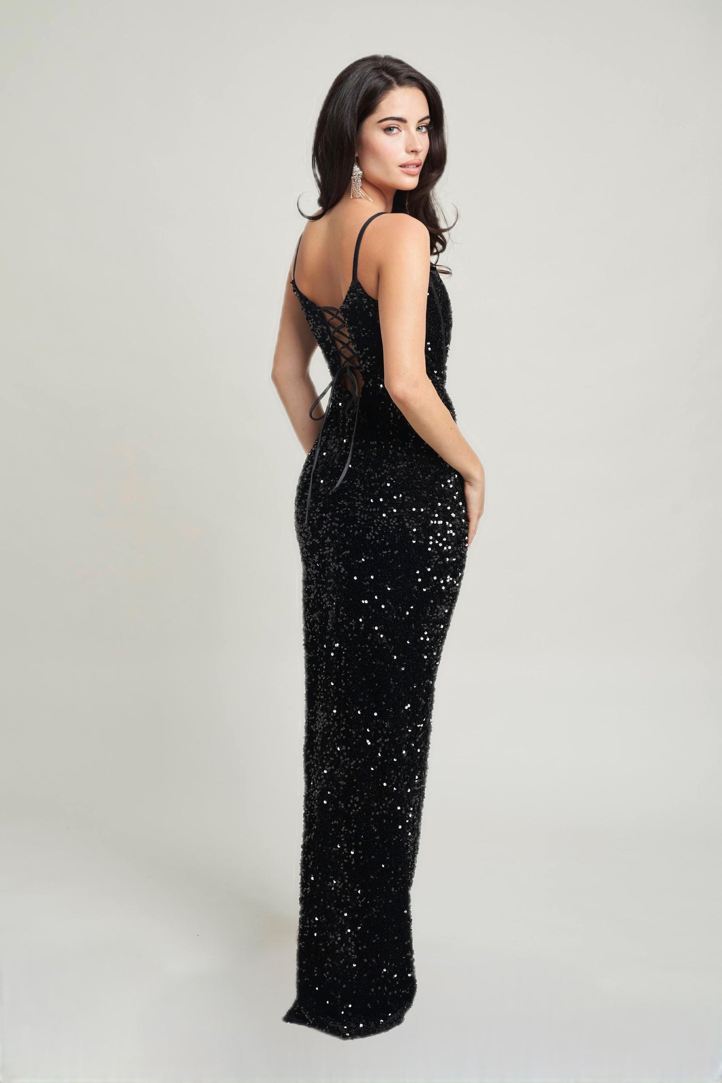 Mesh Plunge V-Neck Sequin Velvet Gown - Black