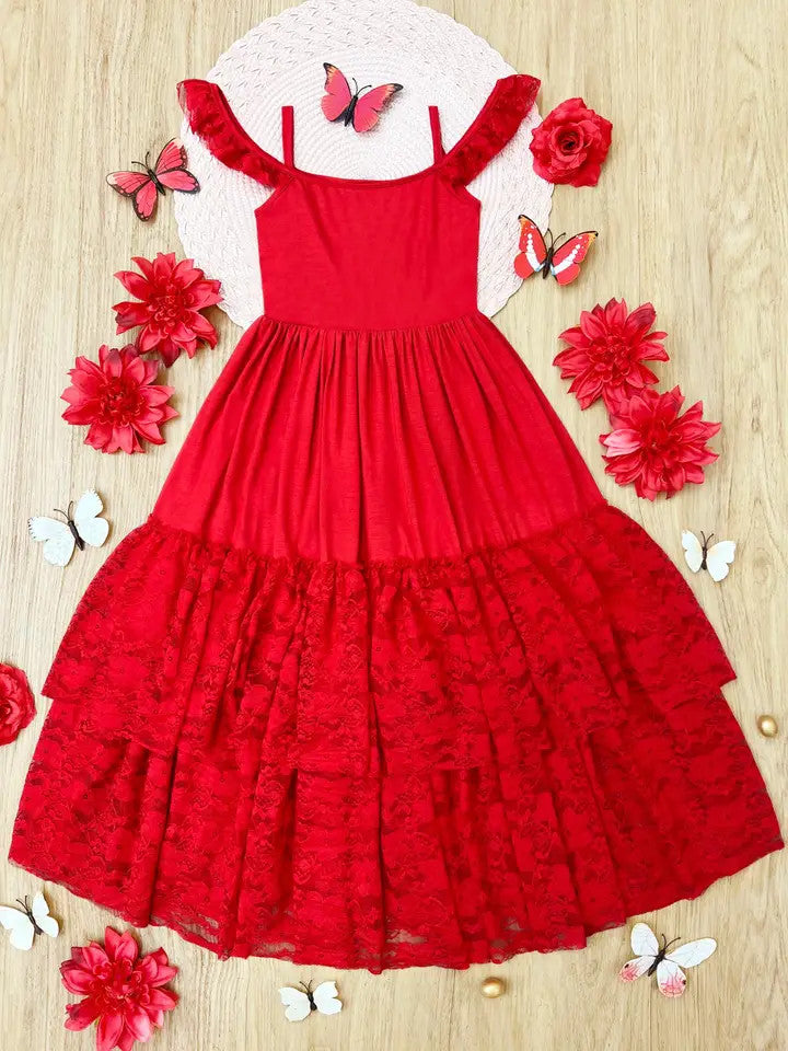 Girls' Ruby Red Tiered Lace Ruffle Maxi