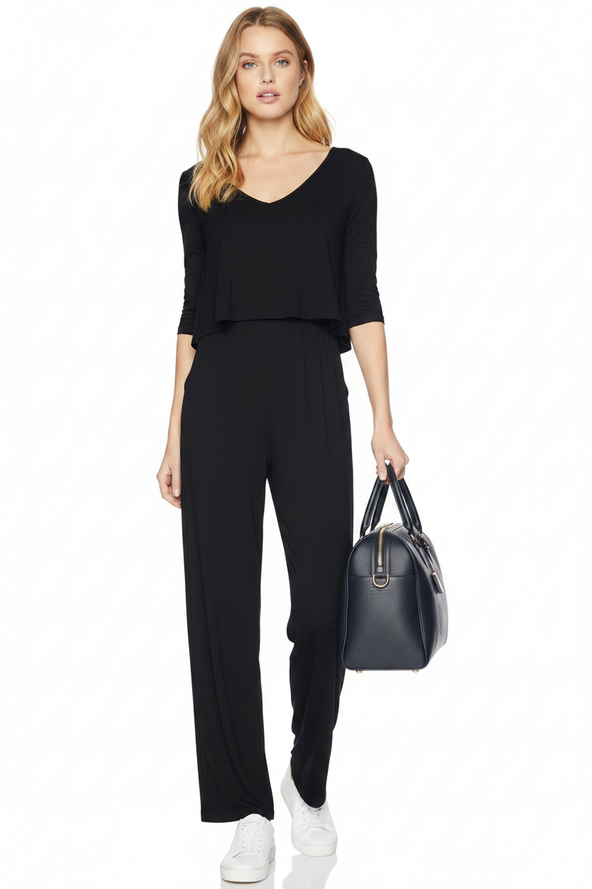 Black Jersey Wide-Leg Jumpsuit with Keyhole Back