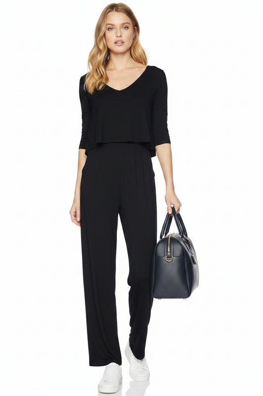 Black Jersey Wide-Leg Jumpsuit with Keyhole Back