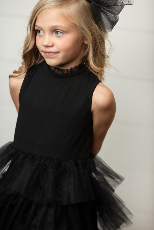 Girls' Black Tiered Tulle Party Dress with Ruffle Collar