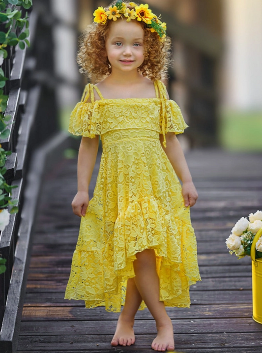 Girls' Yellow Floral Lace Hi Lo Cold Shoulder Maxi