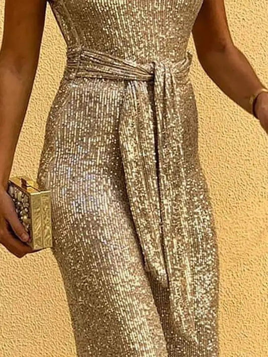 Sleeveless Backless Gold Jumpsuit w/Sash