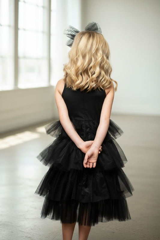 Girls' Black Tiered Tulle Party Dress with Ruffle Collar, back view