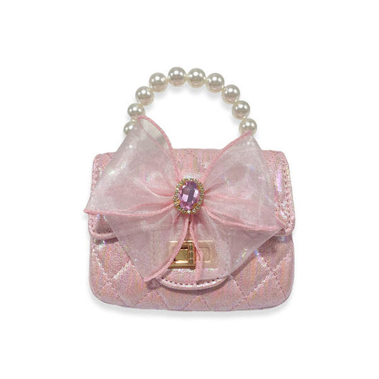 Girls' Bowtie Appliques Metallic Quilted Purse