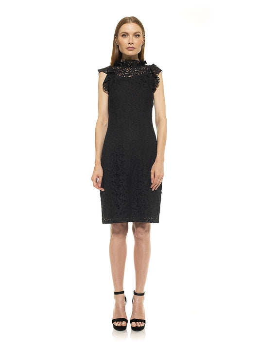 Black lace cap sleeve sheath dress with intricate lace overlay and scalloped edges