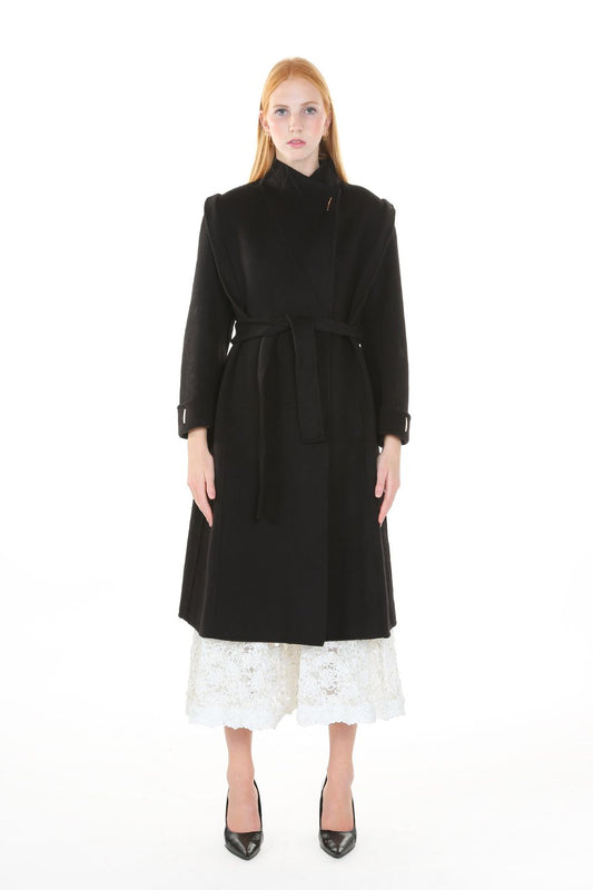 Black Cashmere Stand Collar Long Coat – Timeless Elegant Outerwear