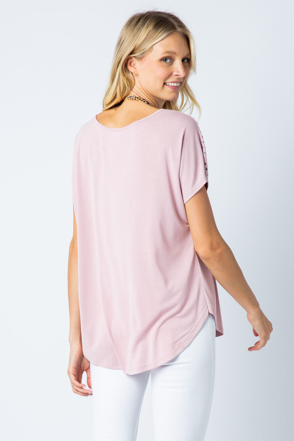 Blush Scoop Neck Studded Shoulder Top – Loose Fit with Rounded Hem