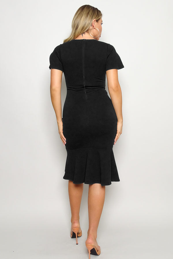 Black Flutter Sleeve Trumpet Midi Dress
