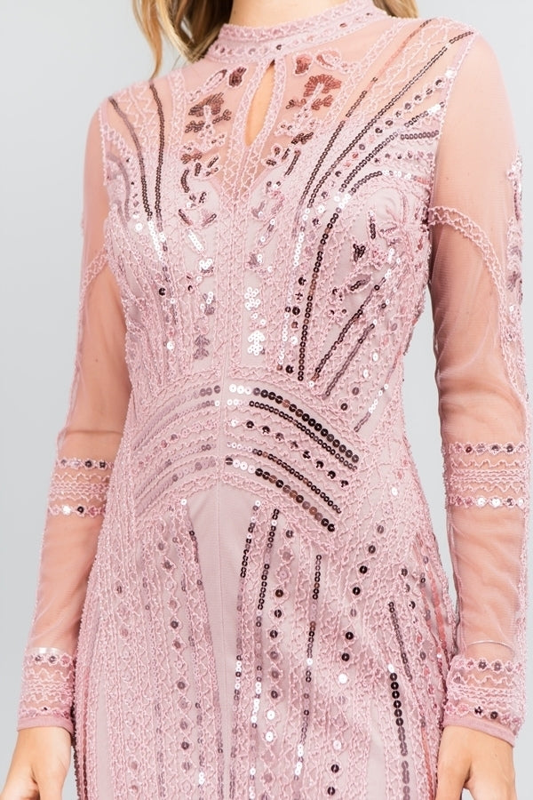 Blush Pink Art Deco Sequin Beaded Mesh Mini Dress | Mock Neck Long Sleeve