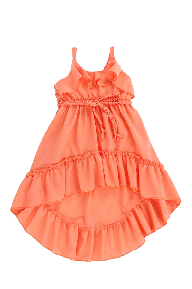 Hi-Lo Soft Gauze Cotton Ruffle Dress - Orange