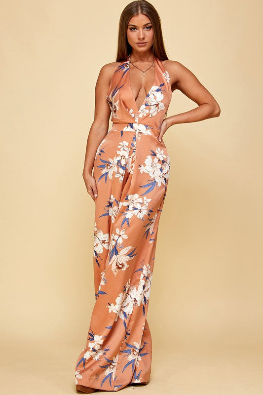 Floral Halter Jumpsuit - Peach