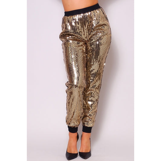 Gold Sequin Jogger Pants Glam Party & Holiday Look