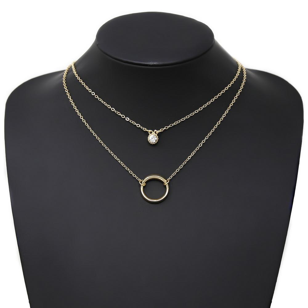 Metal Hoop & Glass Stone Charm Layered Short Necklace - Gold