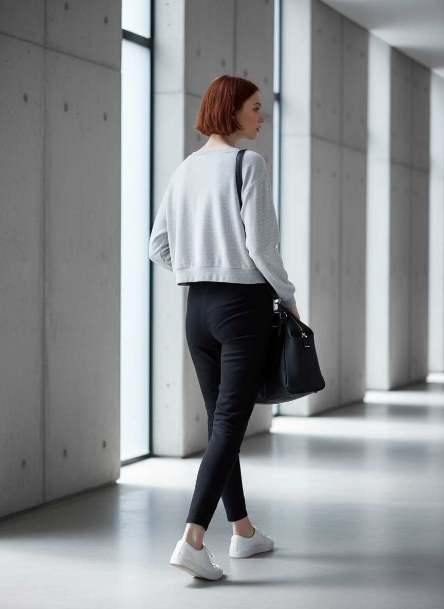 Side view of cropped lace-up sweatshirt showing relaxed fit and sophisticated silhouette in minimalist setting