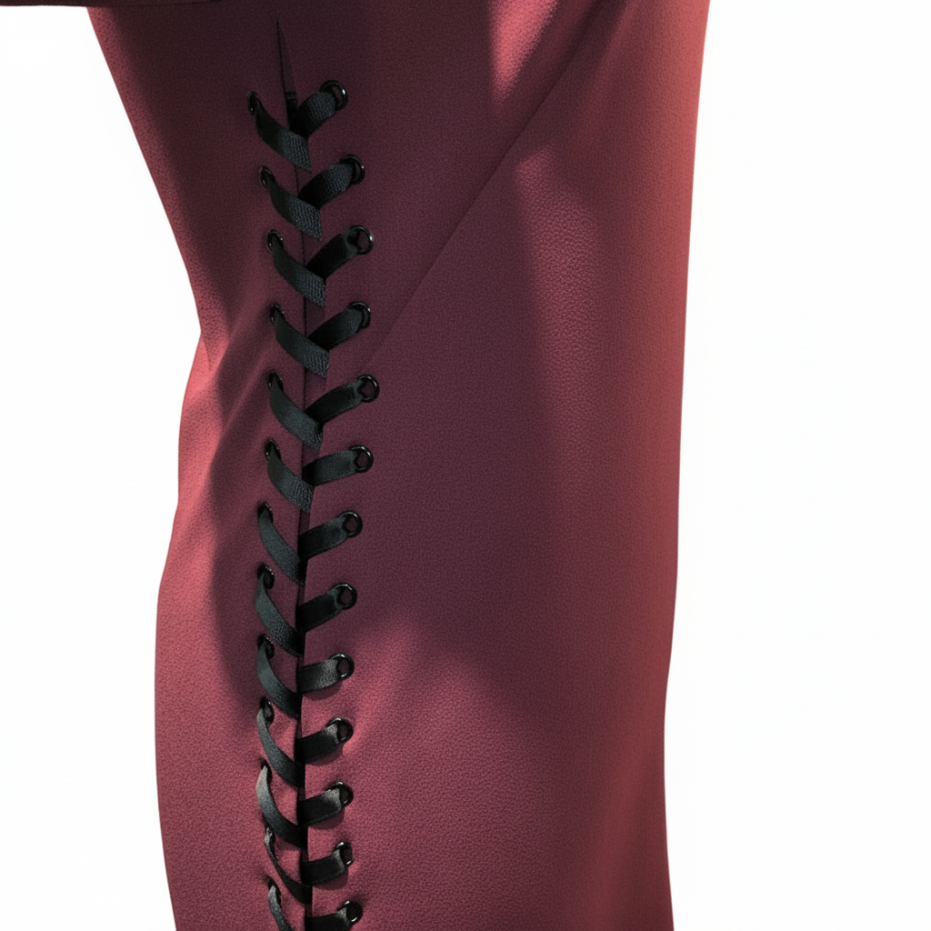 Close up detail of Side Lace-Up Sheath Dress in Wine