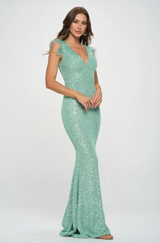 Feather Shoulder Sequins Gown