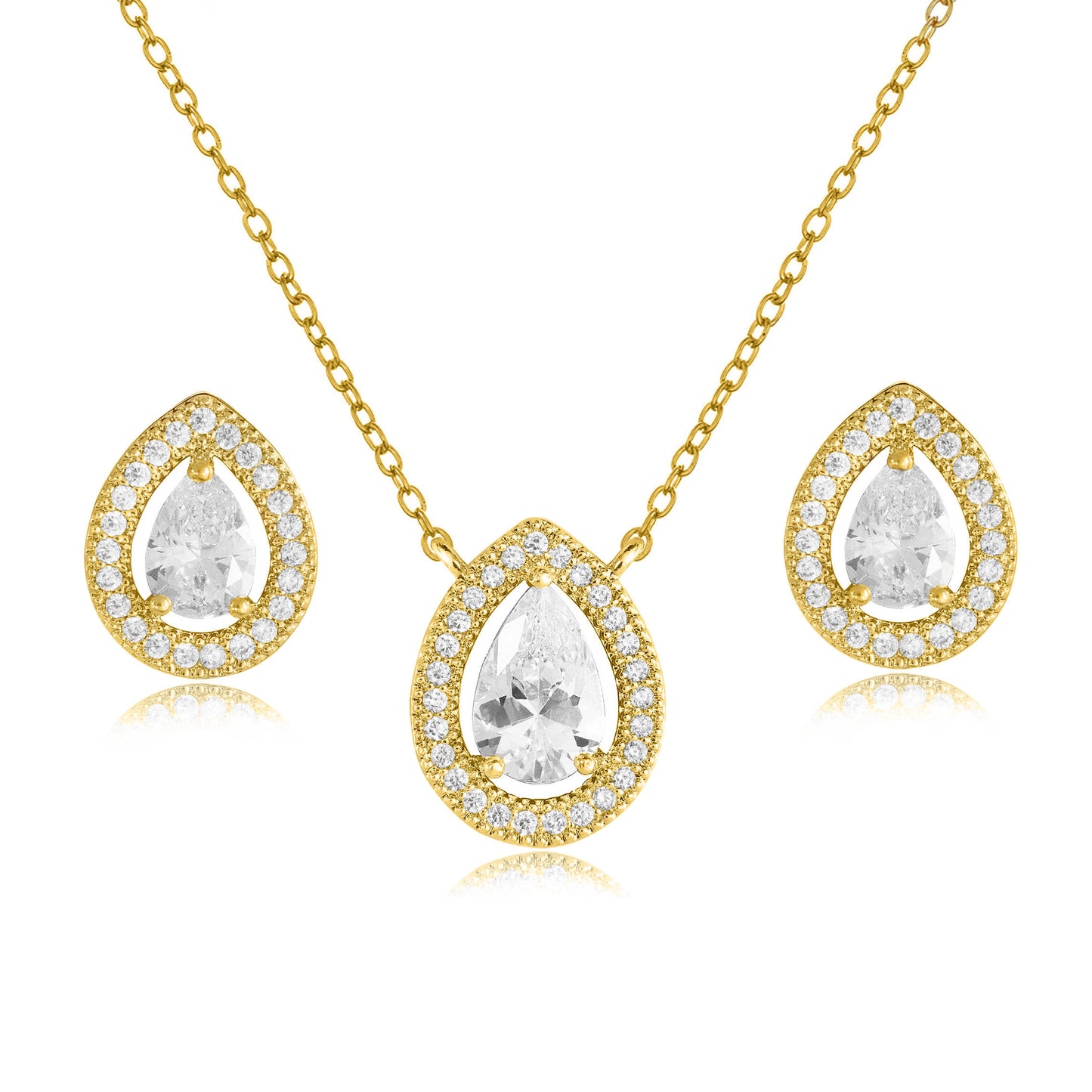Cubic Zirconia Teardrop Halo Necklace Set