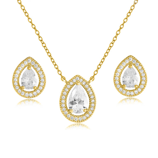 Cubic Zirconia Teardrop Halo Necklace Set