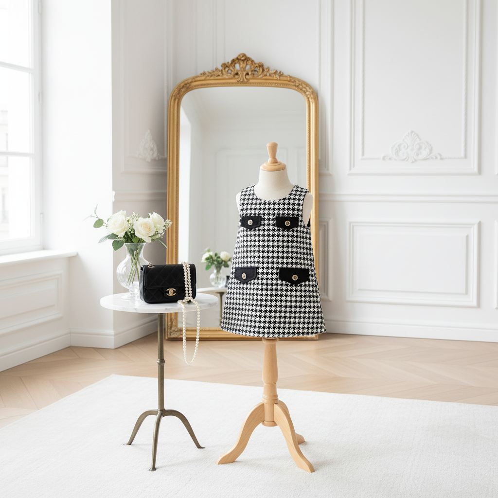 Girls' black and white houndstooth shift dress with gold button details styled in elegant interior setting - classic formal children's fashion