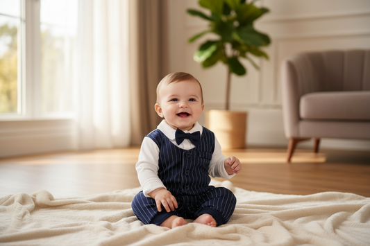 Lifestyle image of baby in navy pinstripe romper