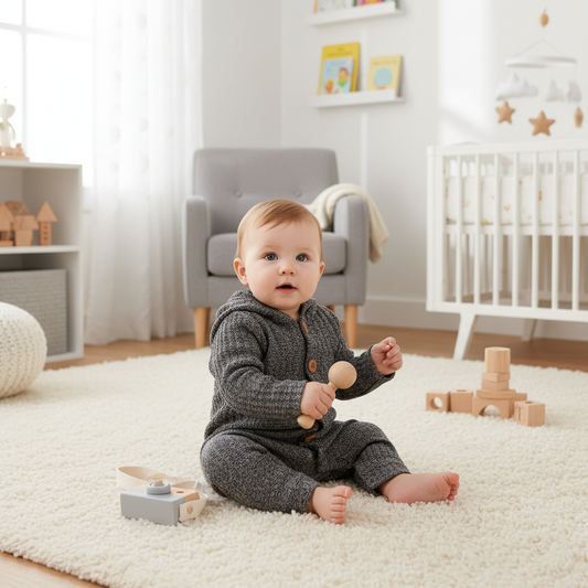 Lifestyle image of baby wearing charcoal gray hooded romper without feet