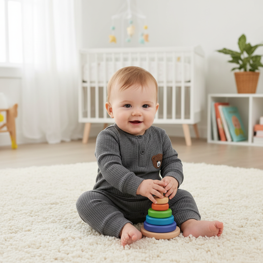 Lifestyle image of baby wearing grey ribbed jumpsuit with correct buttons