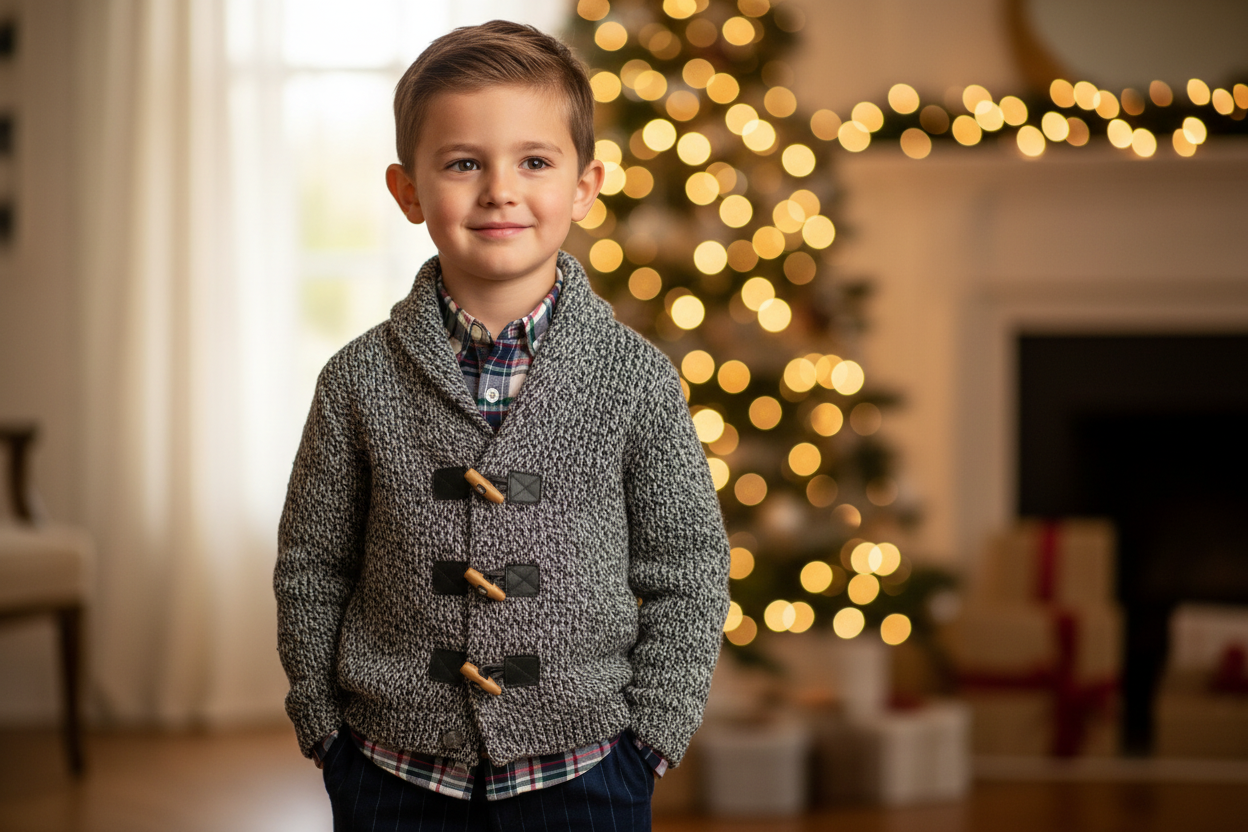 Lifestyle image of boy in cardigan with 3 toggle closures